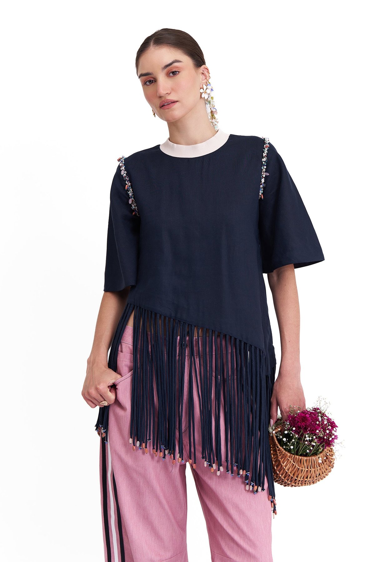 Navy Cotton-Linen Ribbed Fringe Hem Relaxed Fit Top