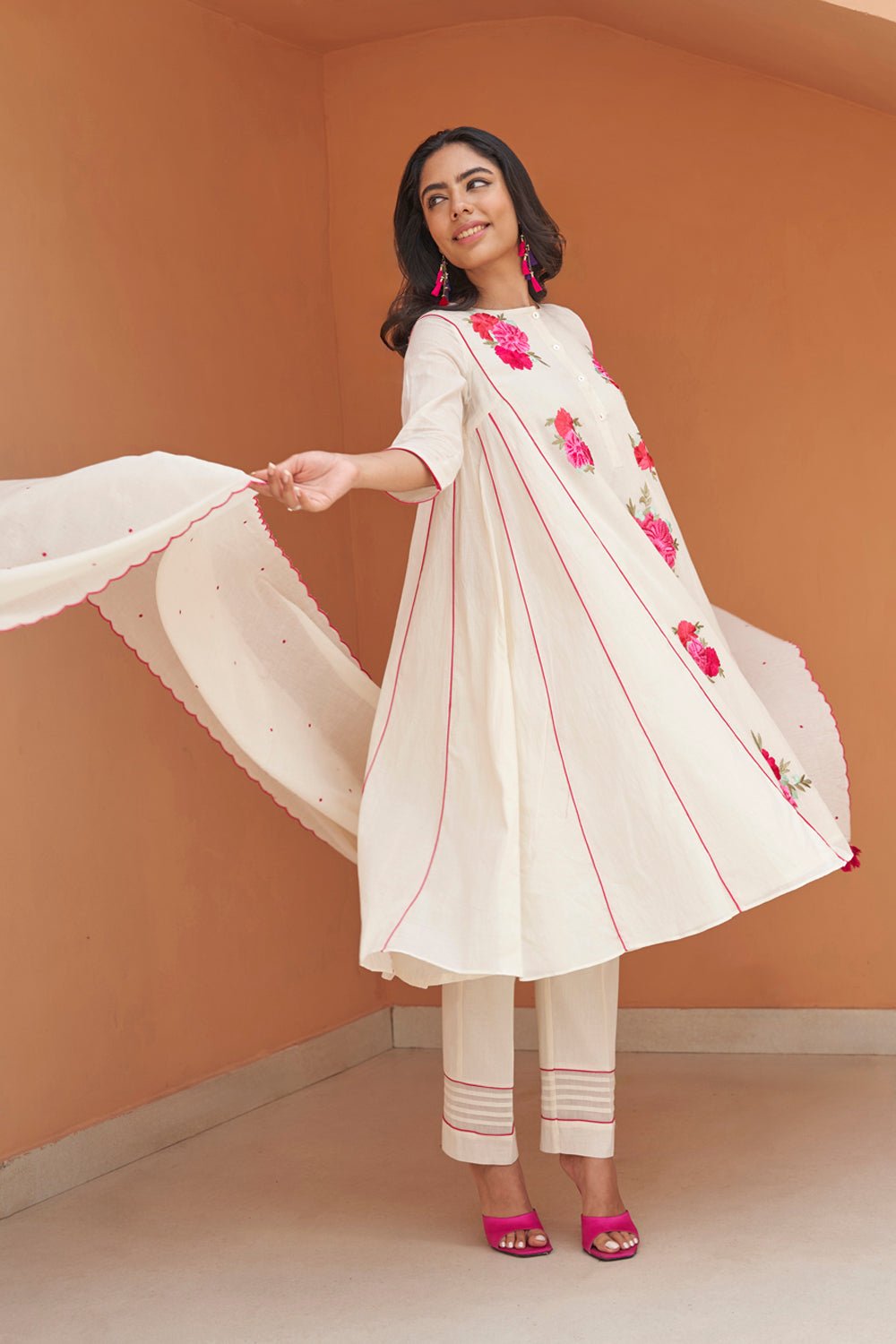 Ivory A-Line Embroidered Kurta Set with Dupatta