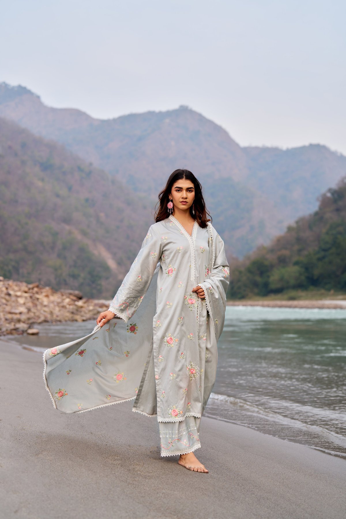 Grey Cotton Embroidered Kurta Set with Lace Details