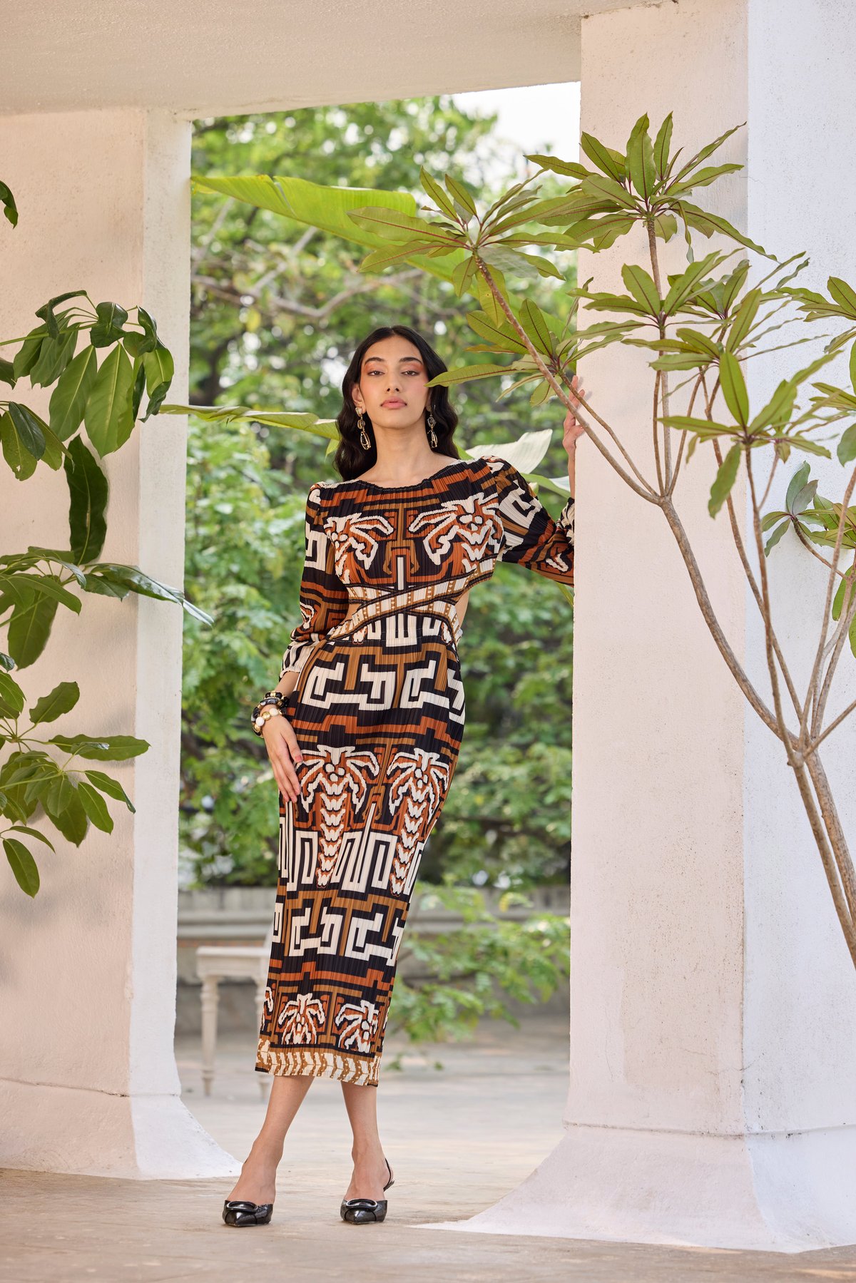 Brown/Multicolor Printed Pleated Maxi Dress with Cut-Outs