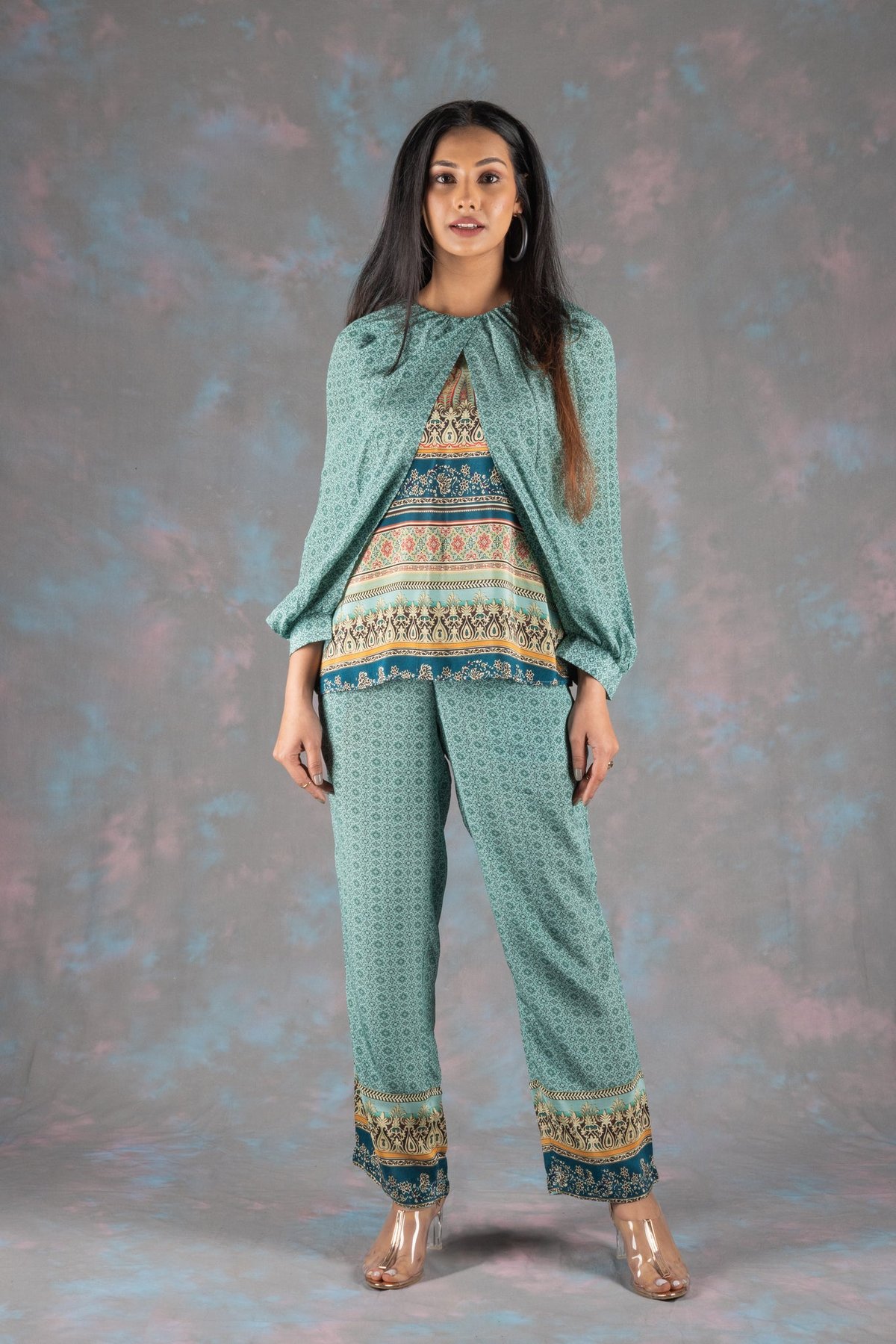 Sea Green Printed Co-ord Set with Wide-Leg Pants