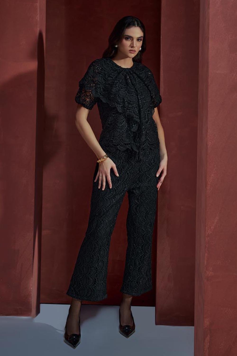 Black Lace Blouse and Flared Pants Co-ord Set