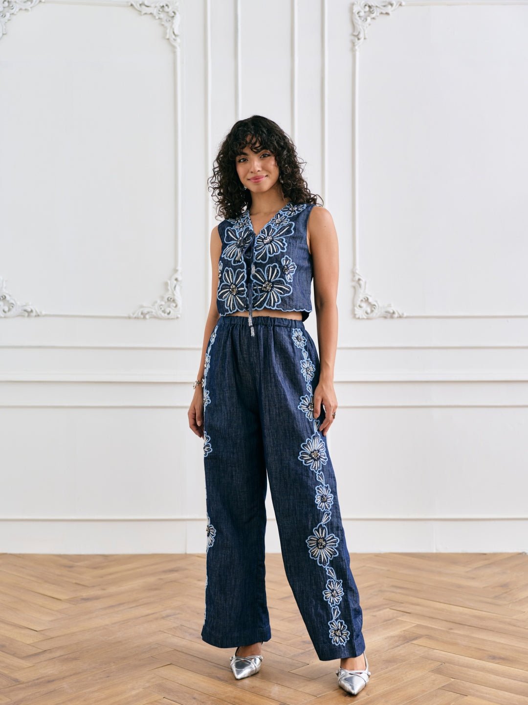 Blue Wide-Leg Embroidered Denim Trousers