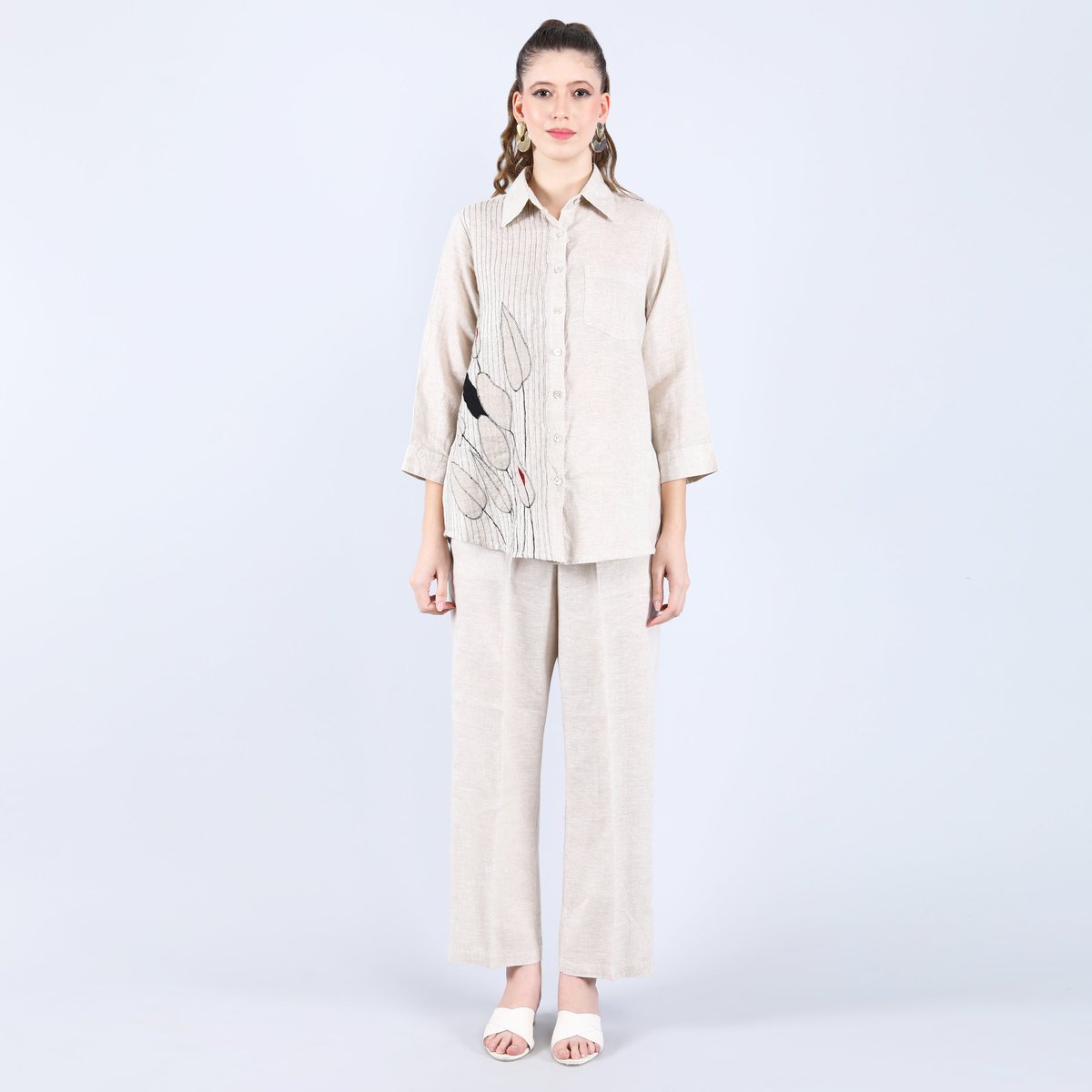 Beige Linen Pleated Shirt with Leaf Embroidery