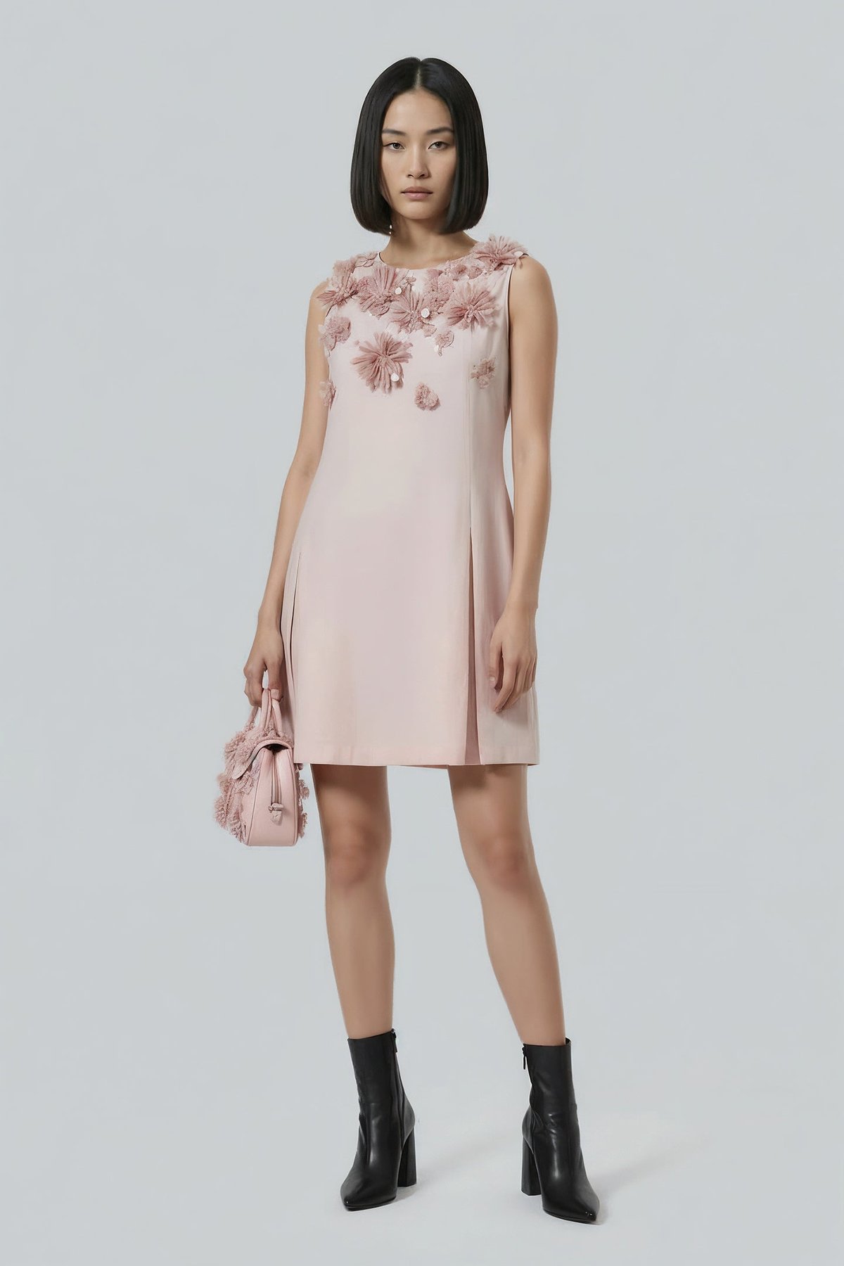 Rose Pink 3D Floral Embellished A-Line Knee-Length Dress