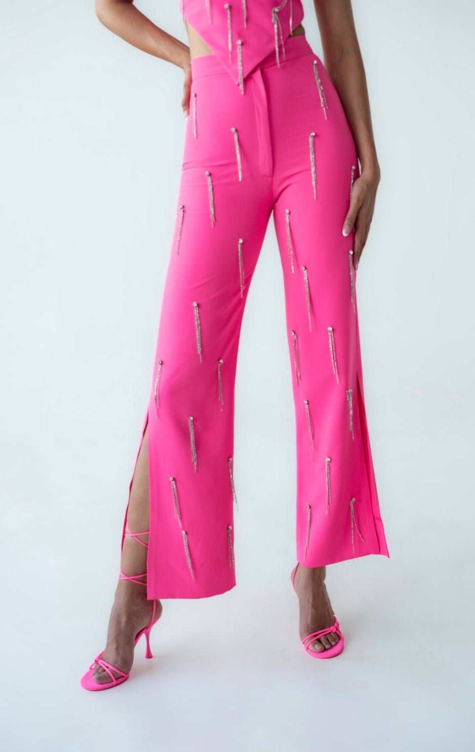 Pink High-Waisted Flared Rhinestone Trousers