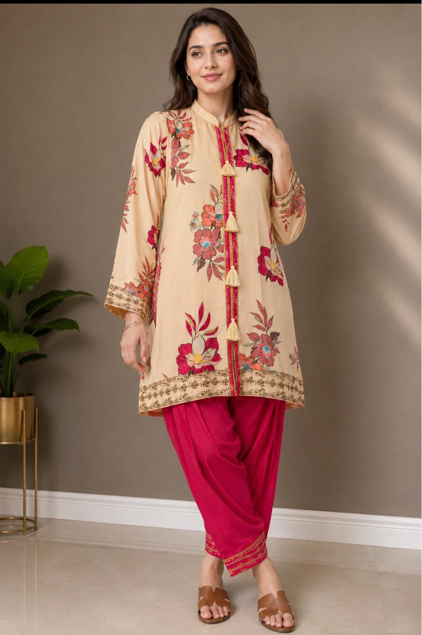 Beige Printed Kurta with Pakistani Salwar