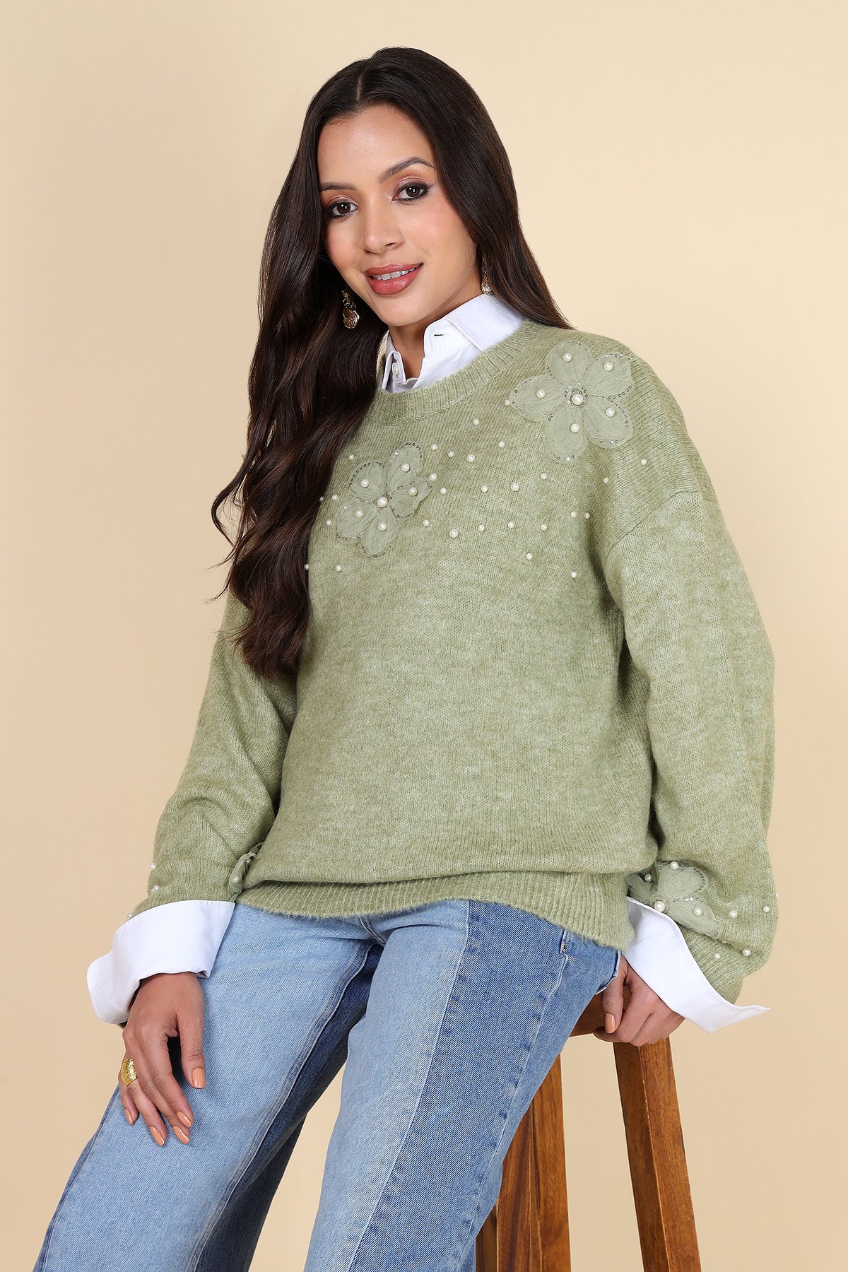 Green Floral Applique Embellished Pullover Sweater
