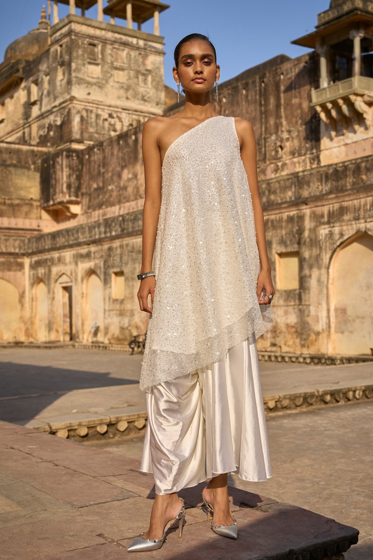 Ivory Satin Draped Culotte Trousers