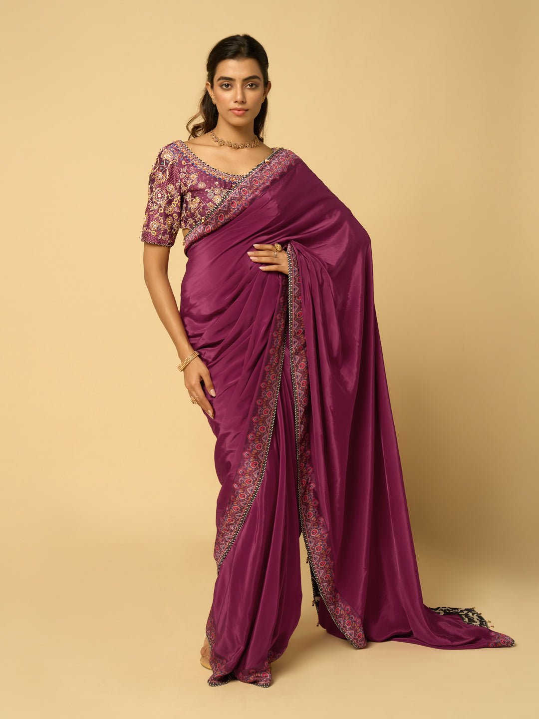 Wine Viscose Crepe Saree with Printed Border