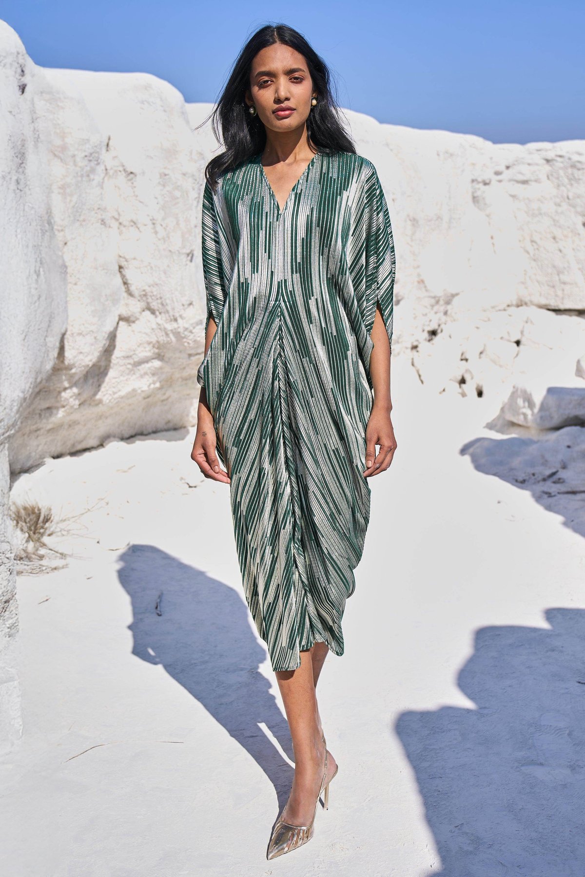 Aqua and Silver Foil Pleated Kaftan