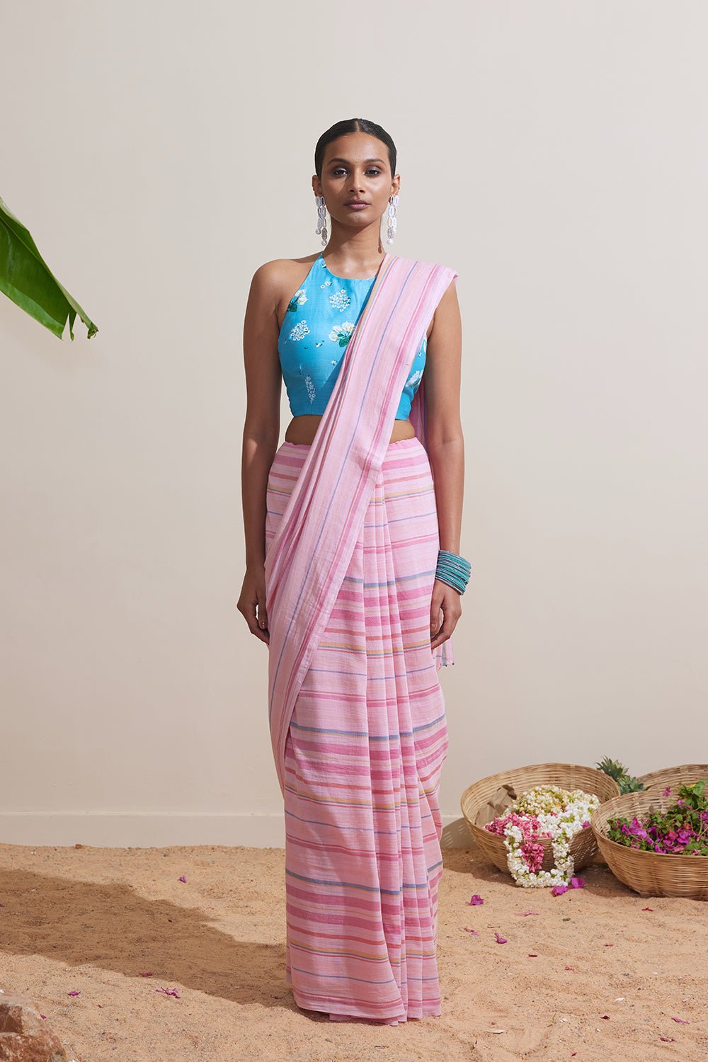 Pink Handwoven Cotton Striped Saree