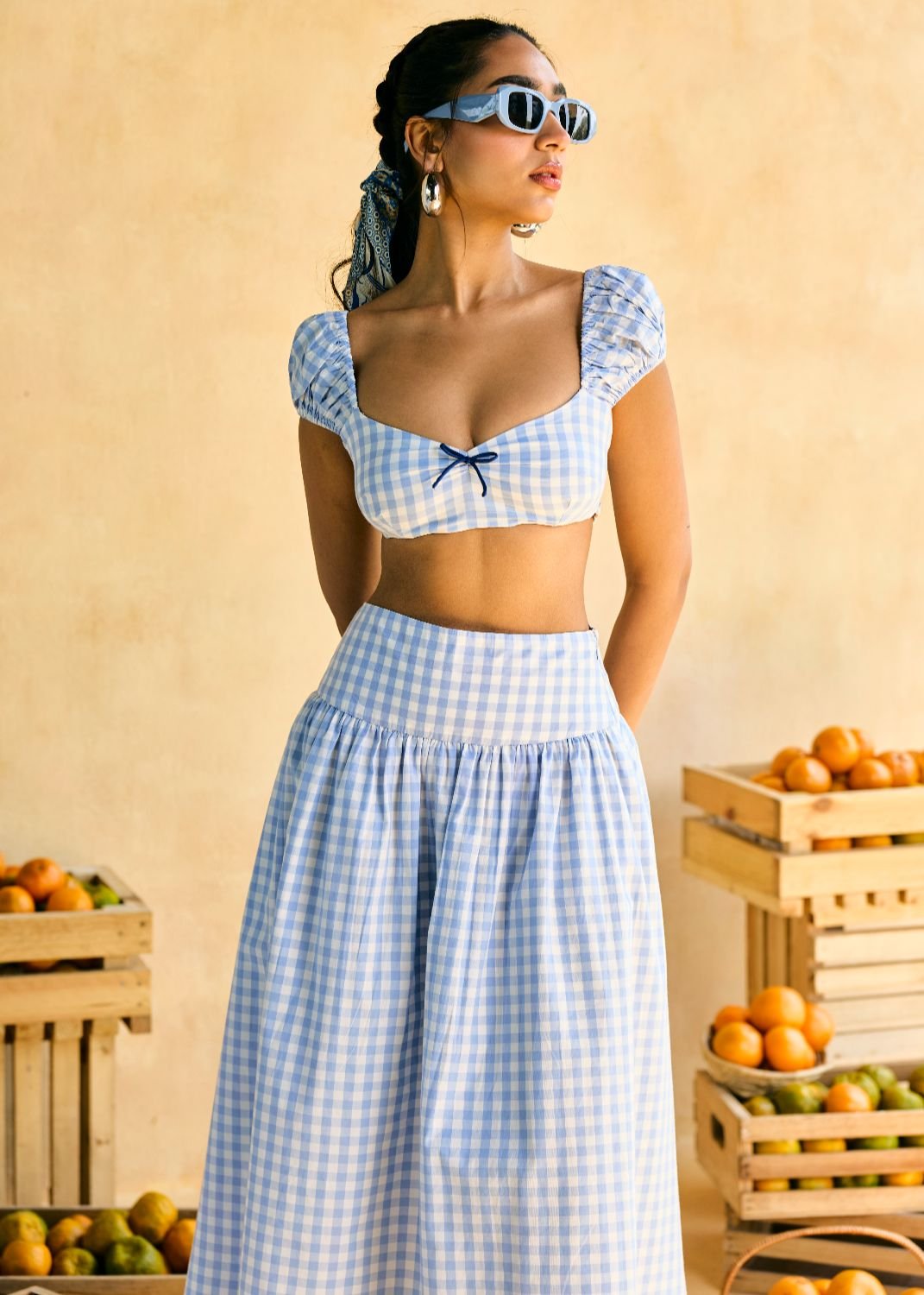 Blue Gingham Sweetheart Neck Crop Top with Puff Sleeves