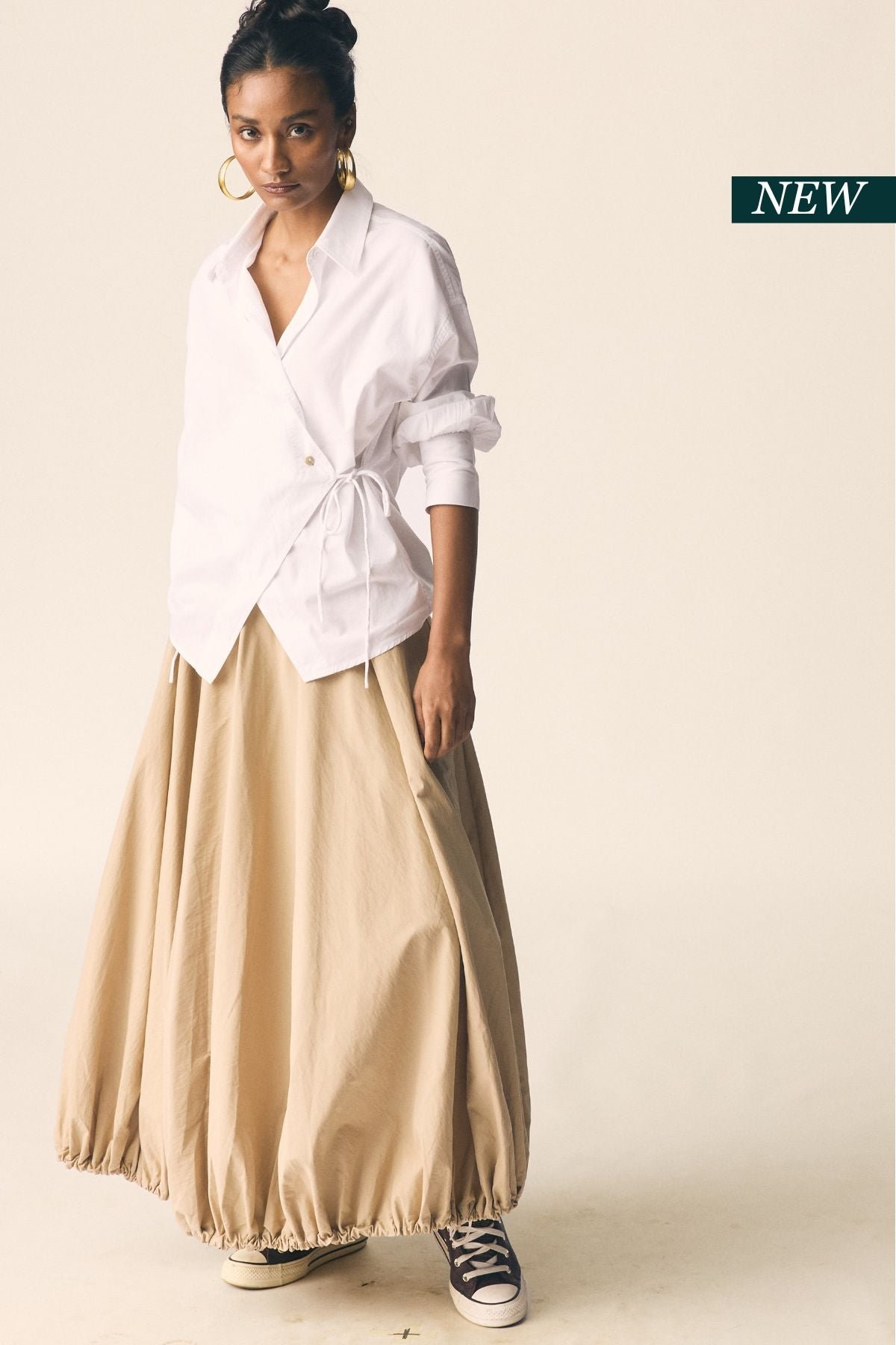 Tan Balloon Maxi Skirt with Adjustable Hem
