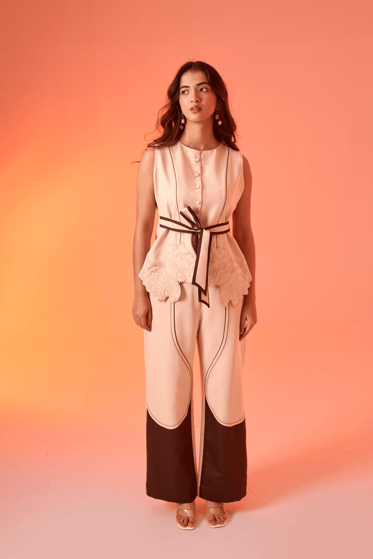 Cream Banana Crepe Co-ord Set with Waist Tie