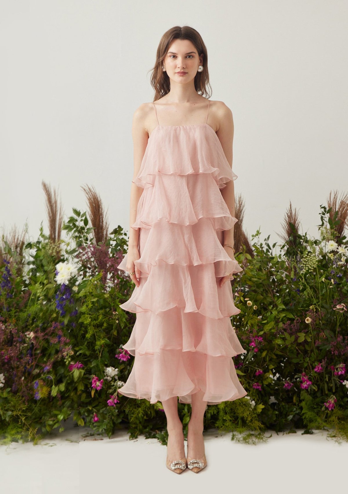 Baby Pink Tiered Ruffle Midi Dress in Silk Organza
