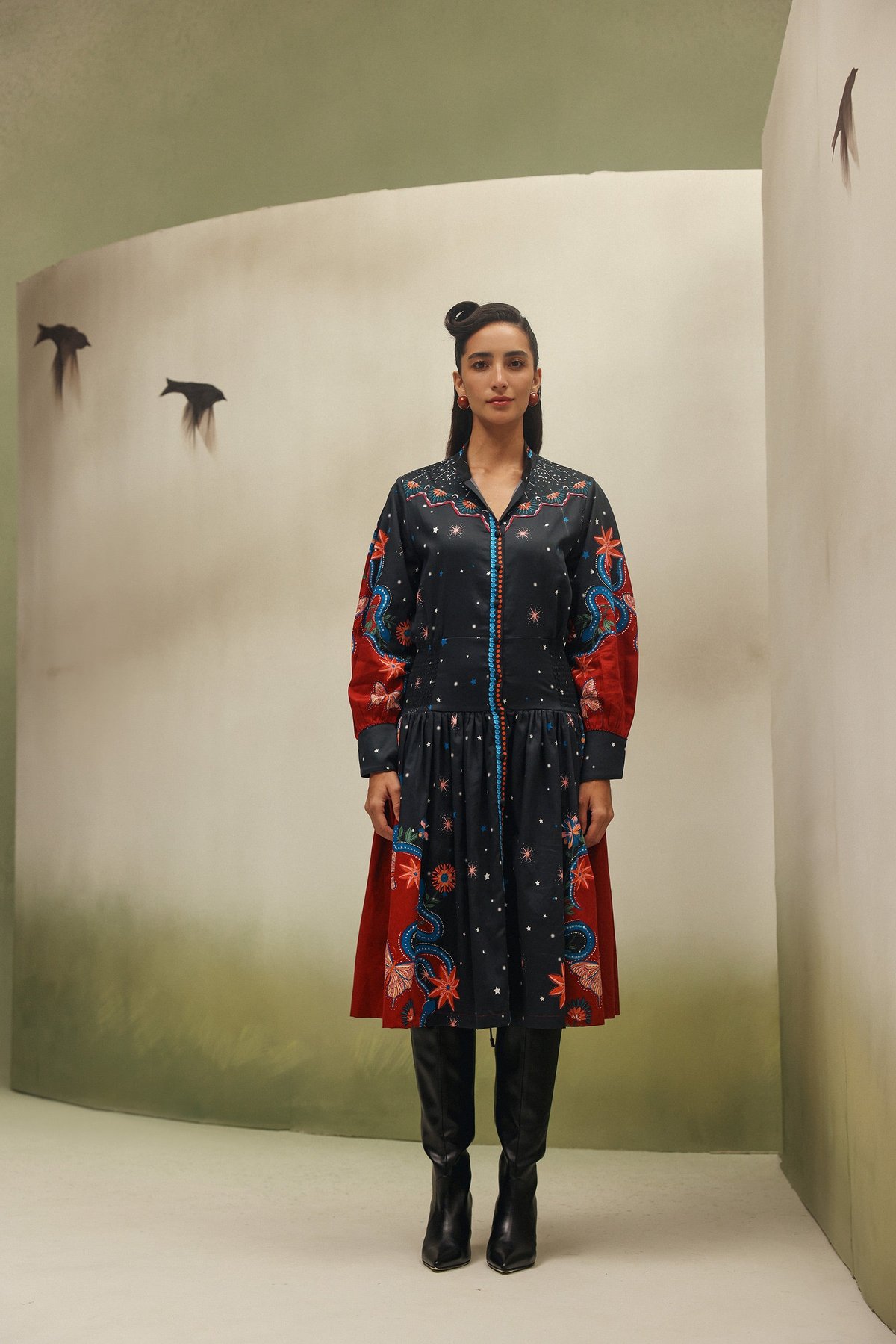 Black Printed Cotton Satin Midi Shirt Dress