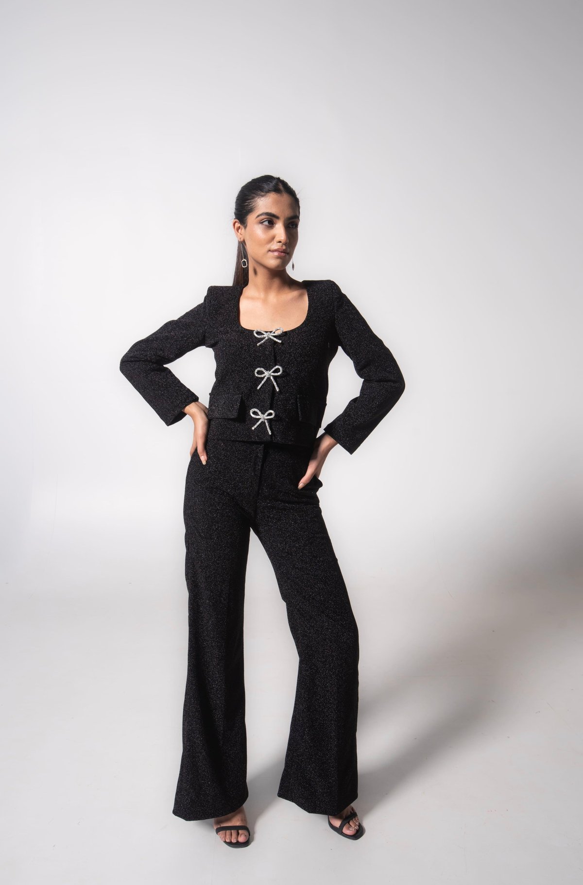Black High-Waisted Straight-Leg Glitter Trousers