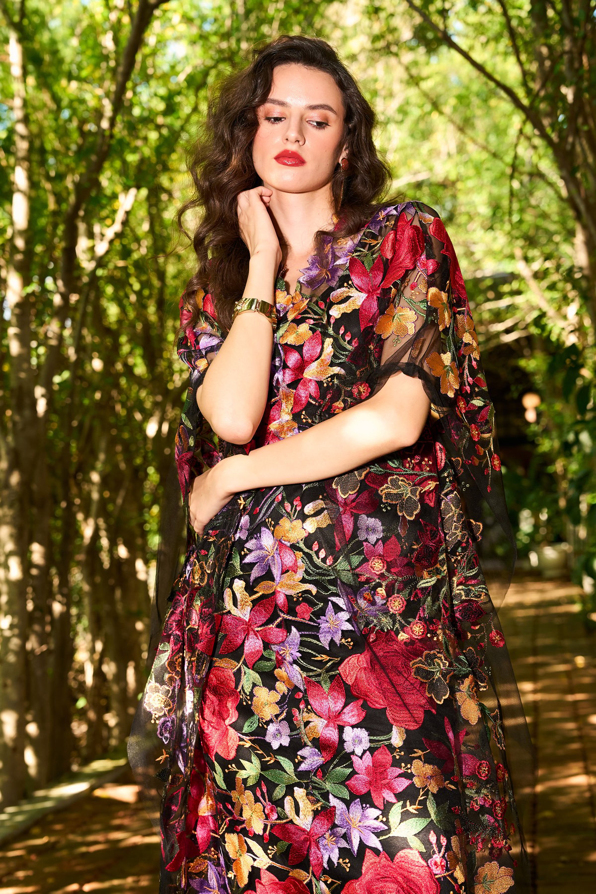 Multicolour Floral Embroidered Maxi Kaftan Dress