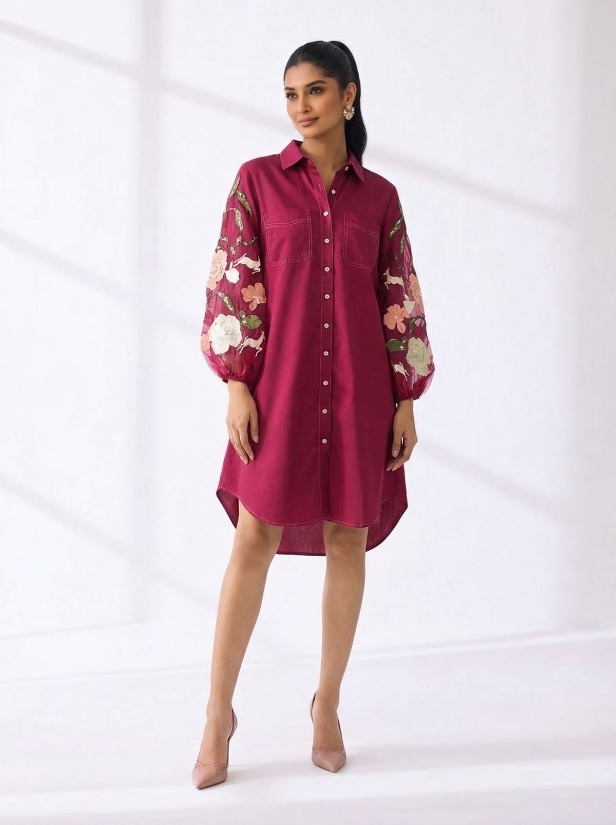 Wine Red Cotton Shirt Dress with Embroidered Sleeves