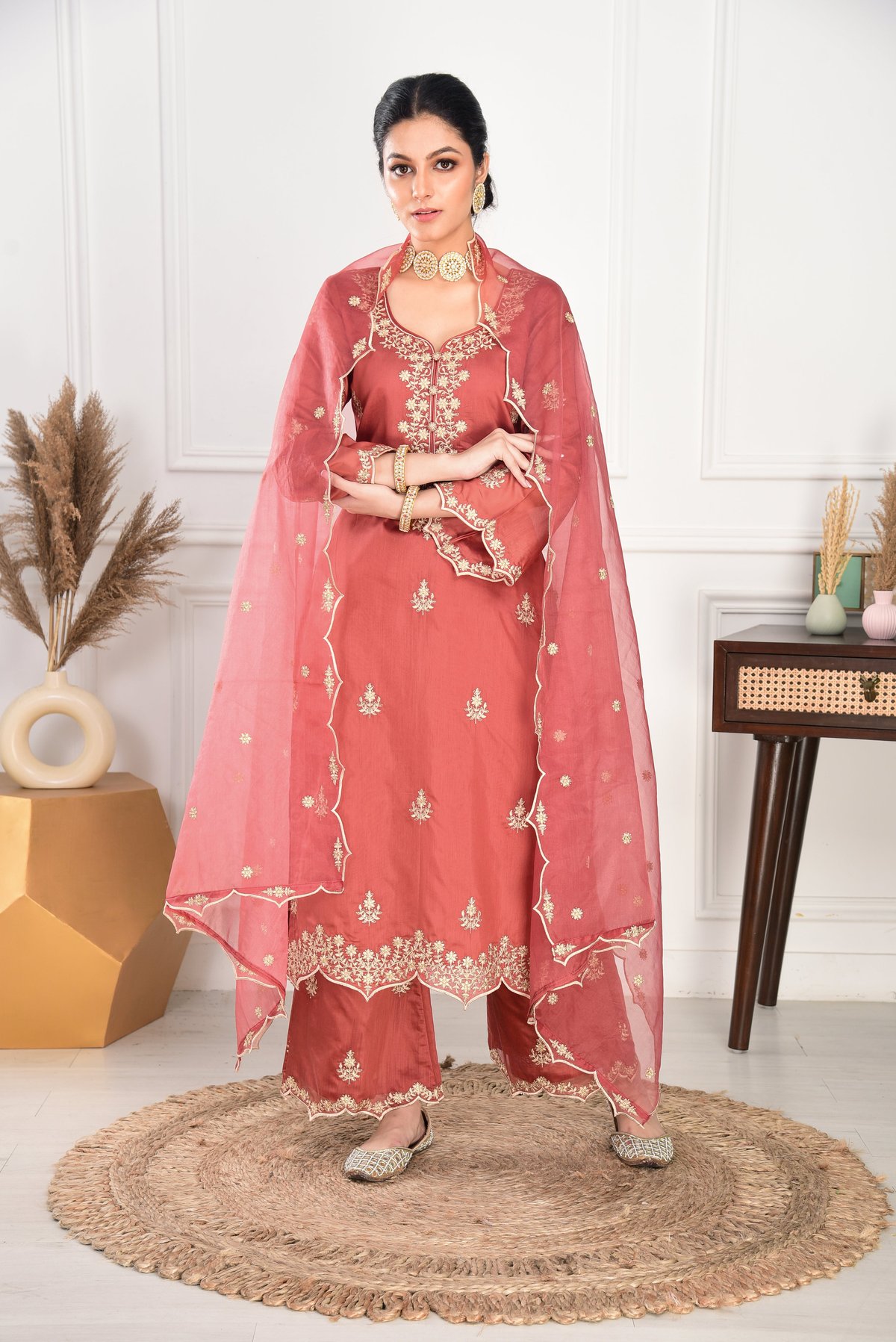 Rust Chanderi Silk Embroidered Straight Kurta Set
