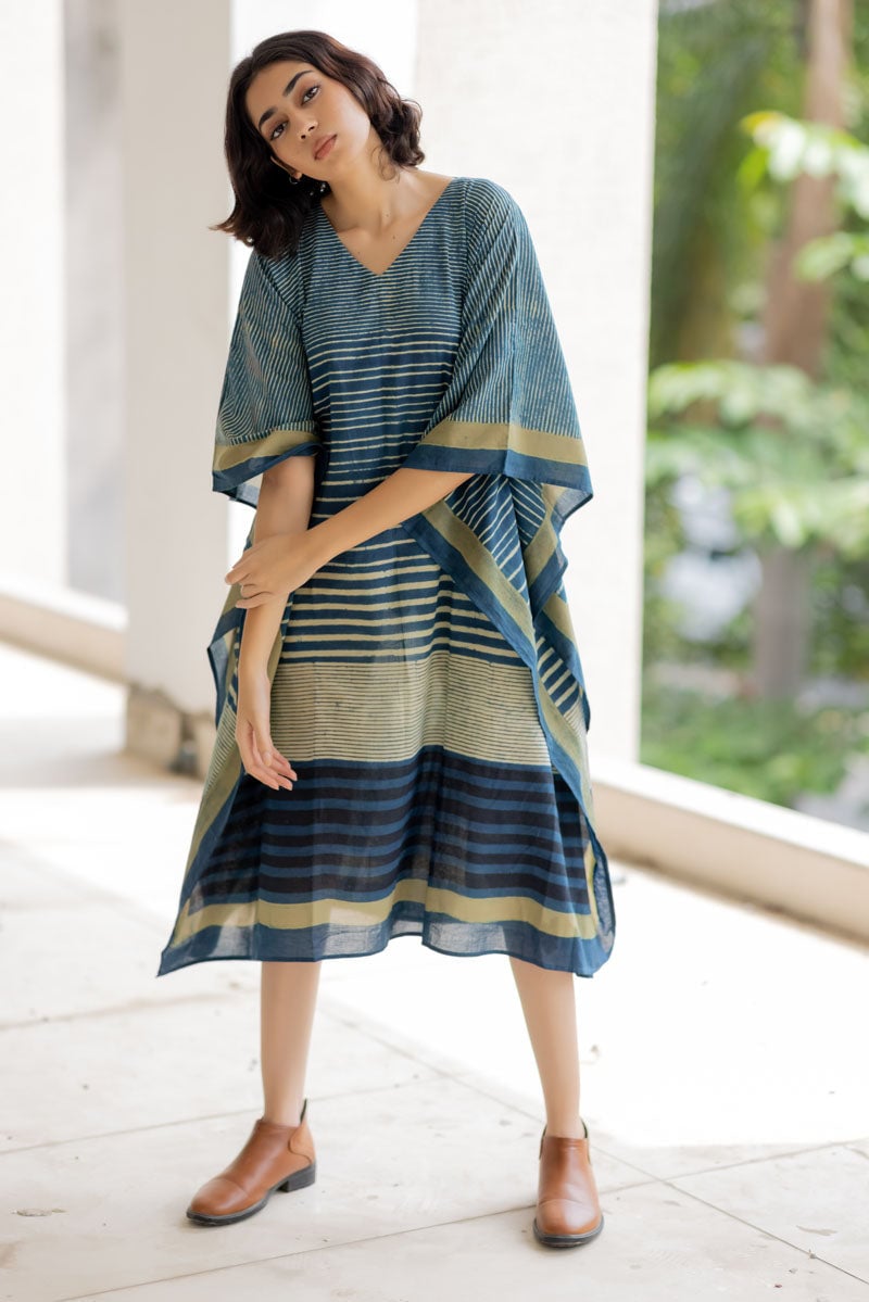 Multicolor Striped Cotton Kaftan Dress with V-Neck