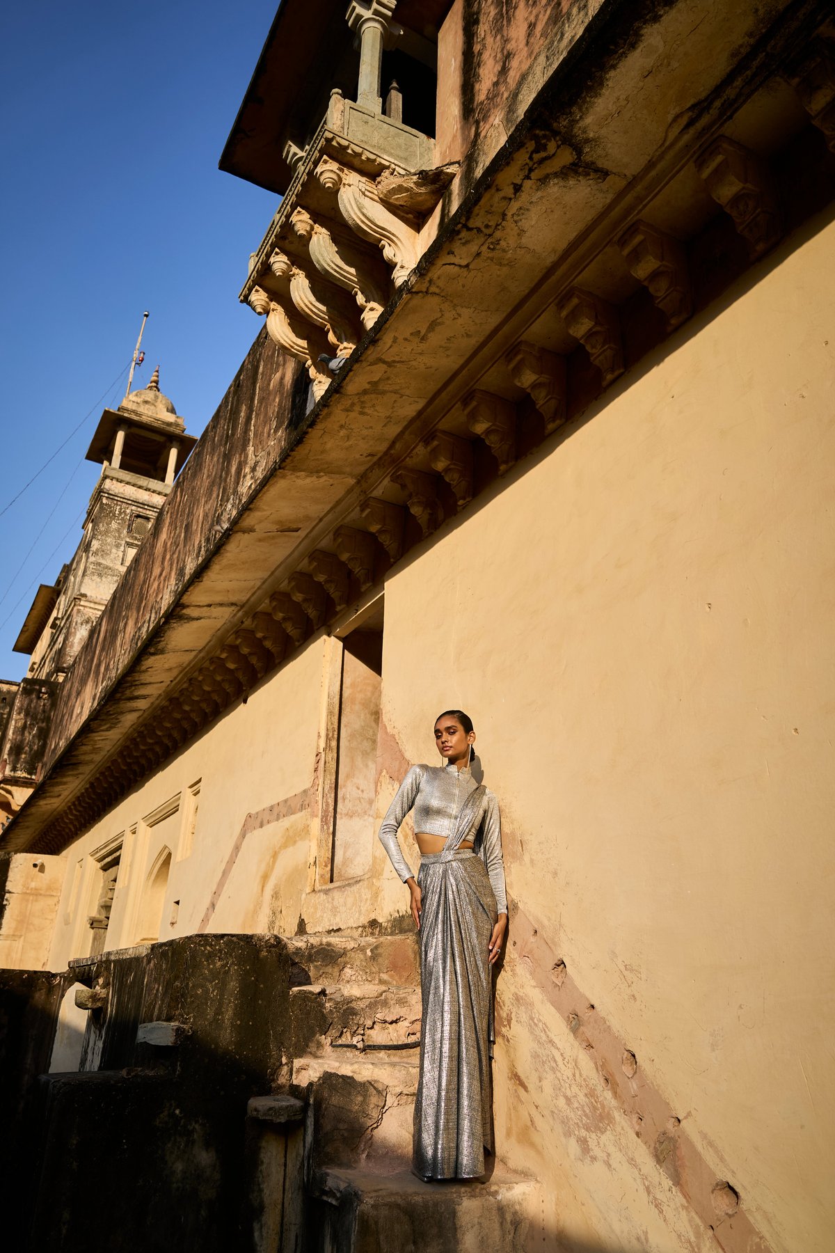 Silver Metallic Sari-Drape Maxi Skirt