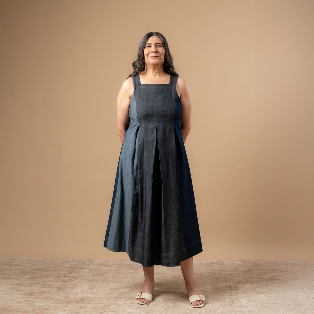 Blue Denim A-Line Midi Dress with Square Neck