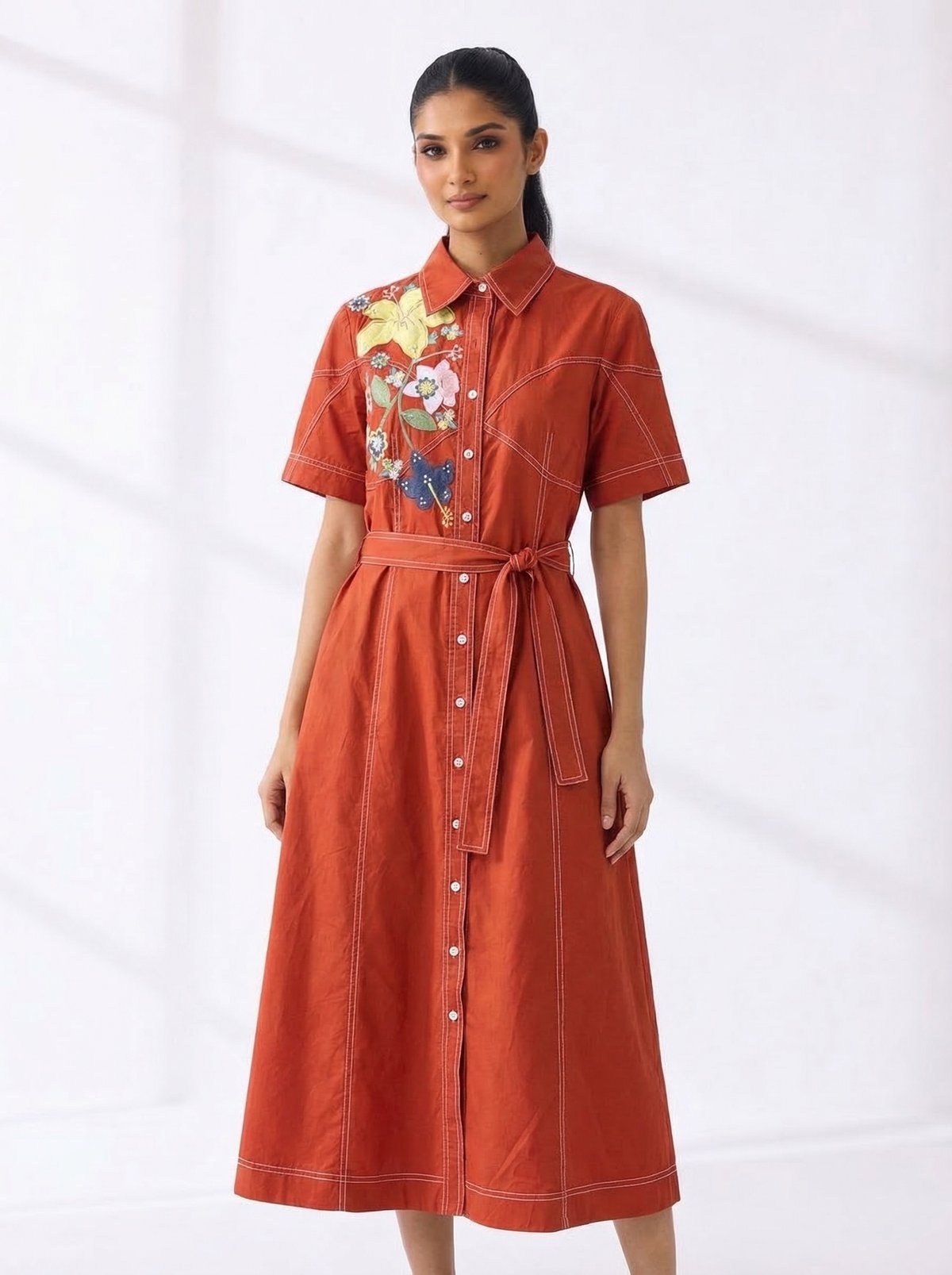 Orange Embroidered Belted Midi Shirt Dress