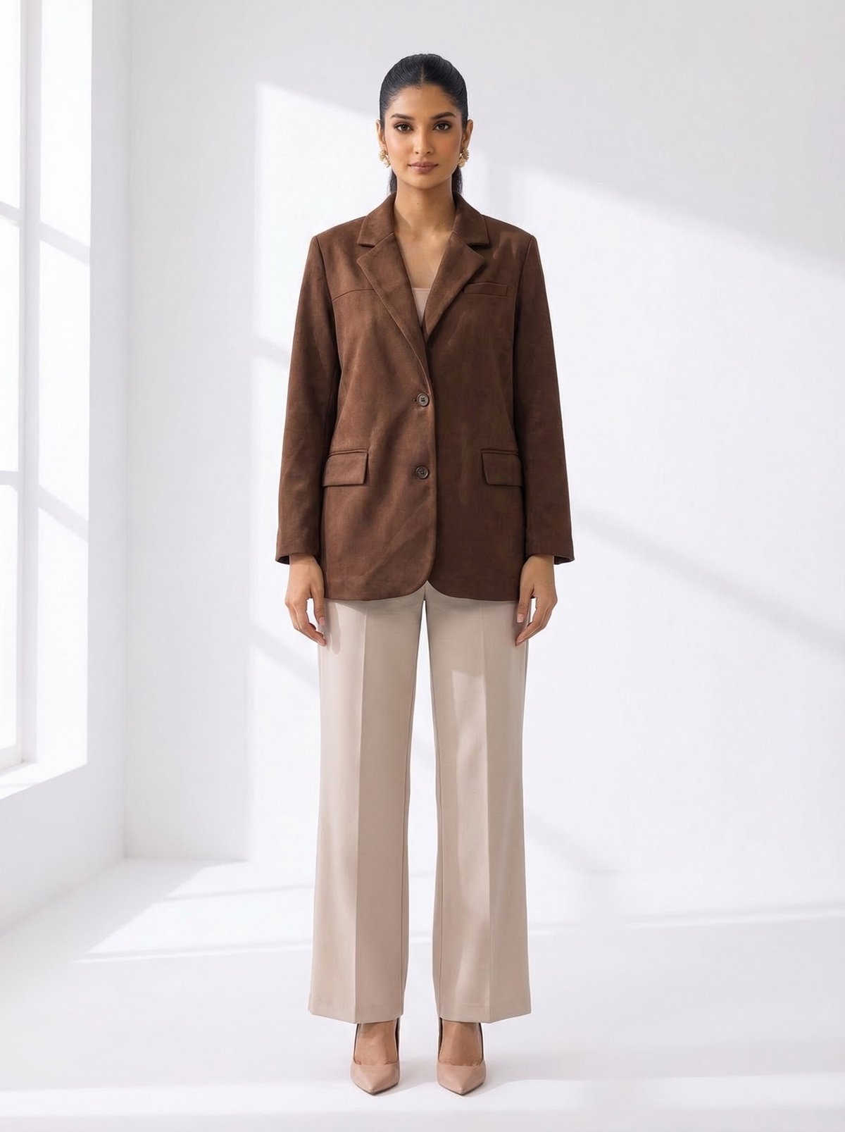Kahve Brown Suede Tailored Button-Front Blazer