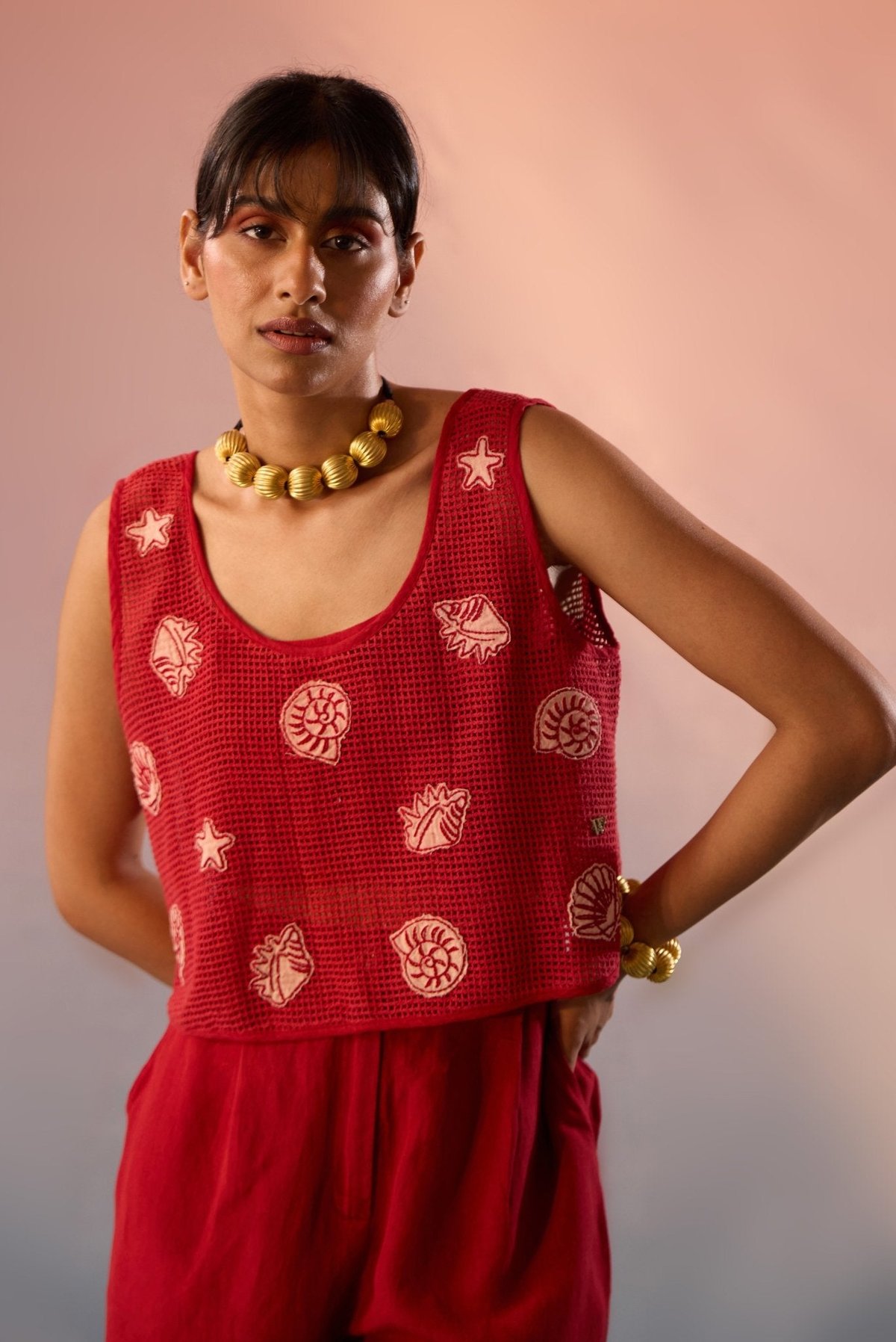 Red Mesh Crop Top with Sea Motif Patches and Inner Top