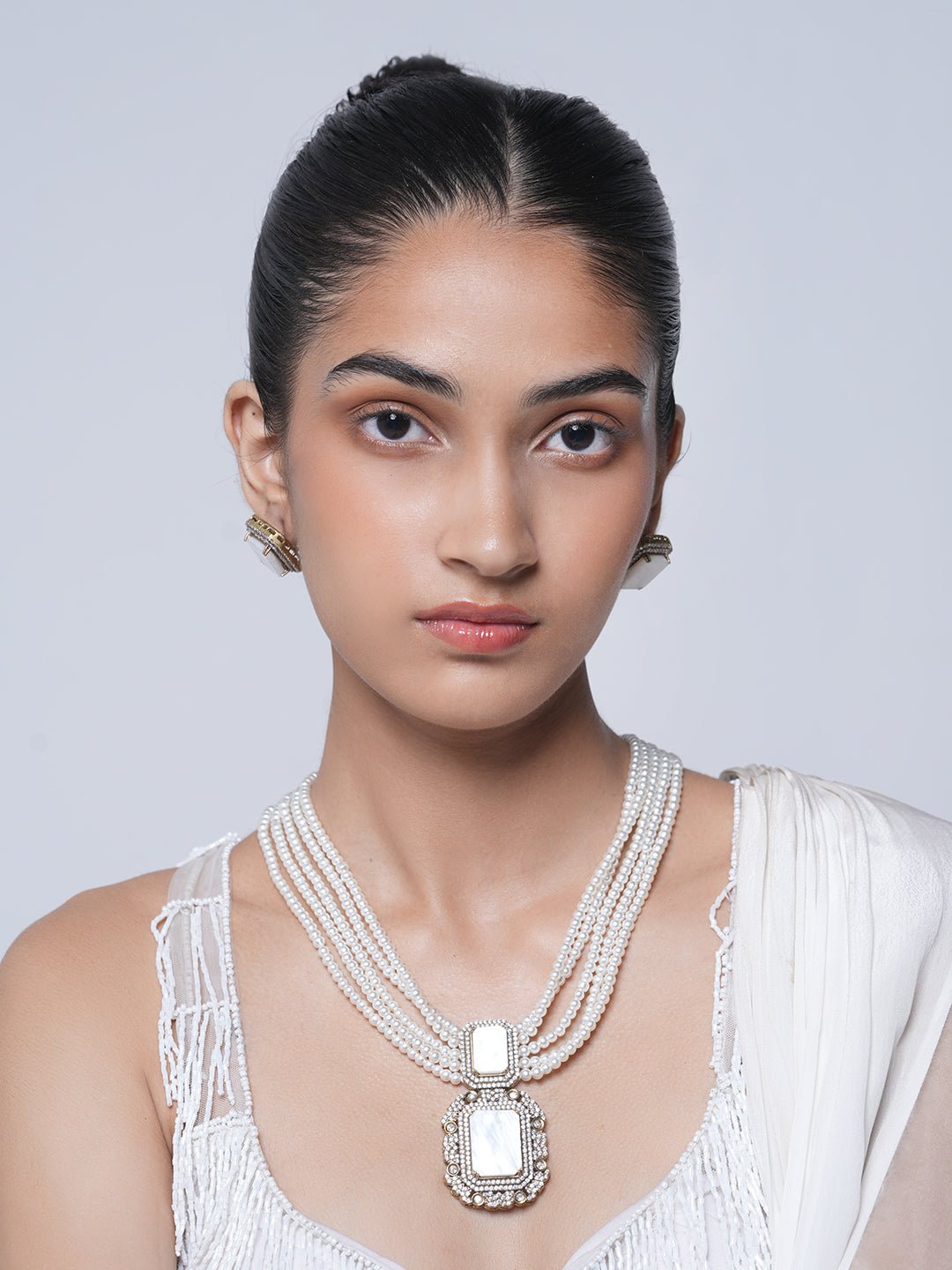 Designer White Stone Mala Necklace Set