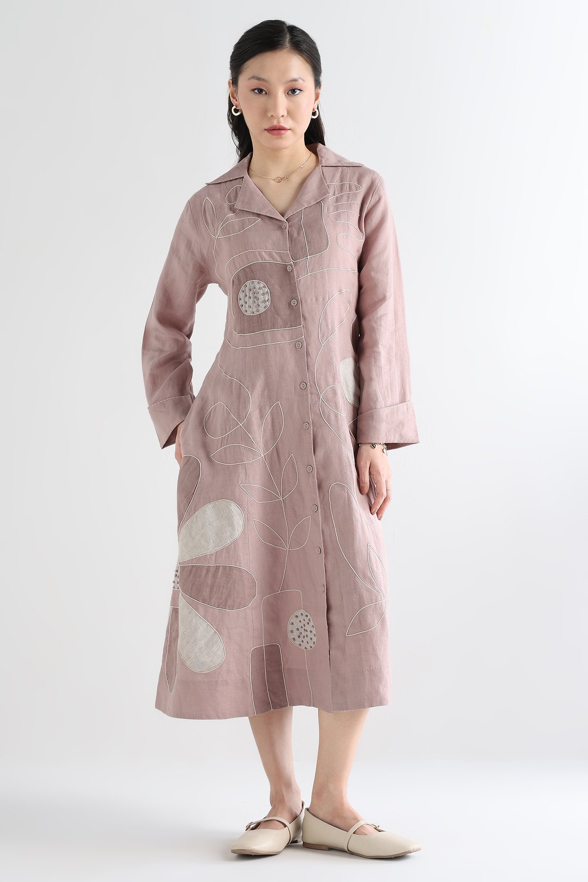 Pink Linen Midi Shirt Dress with Appliqué Detail