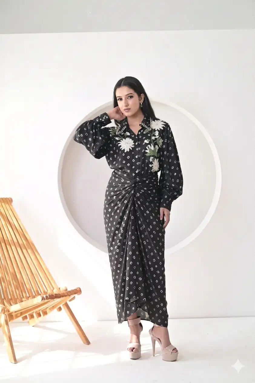 Black Satin Printed Shirt and Maxi Skirt Co-ord Set