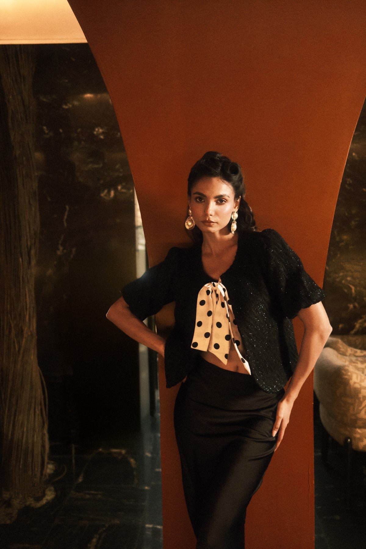 Black Cropped Lurex Tweed Tie-Up Jacket