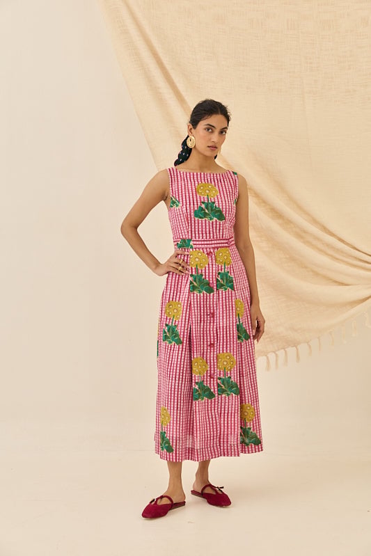 Pink Printed Fit and Flare Midi Dress