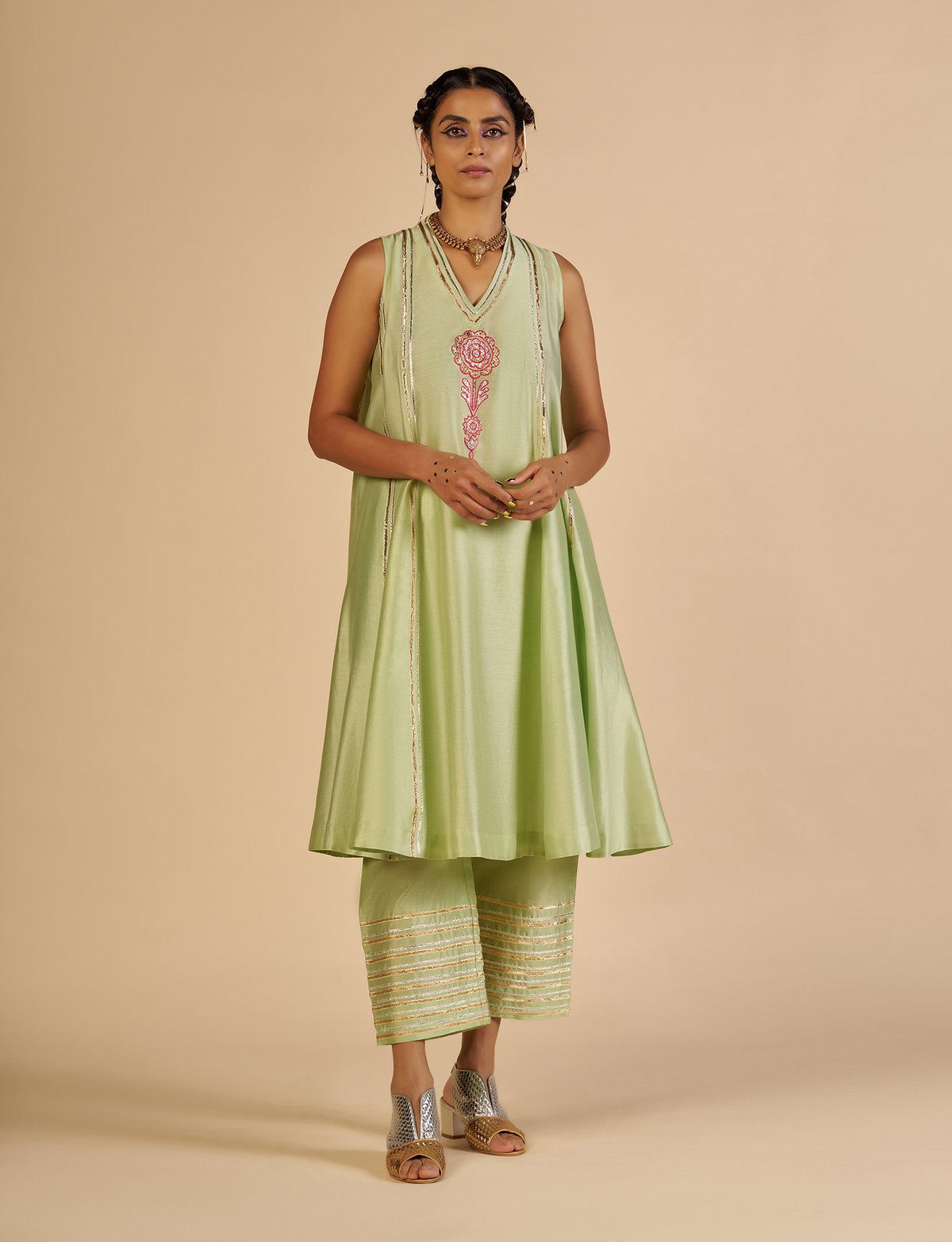 Pista Green Flared Silk Chanderi Gota Detail Kurta