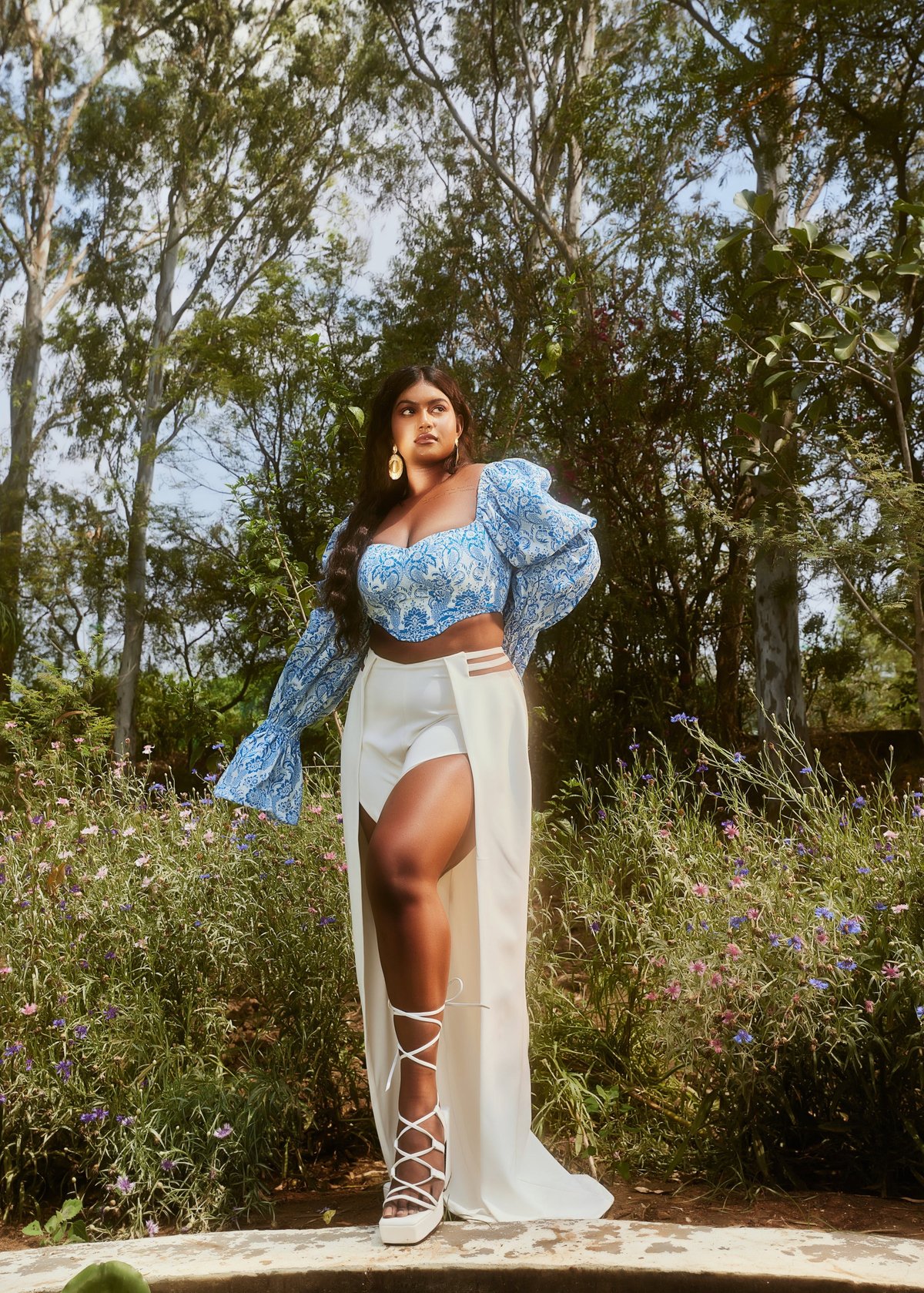 Blue and White Printed Corset Top with Puff Sleeves