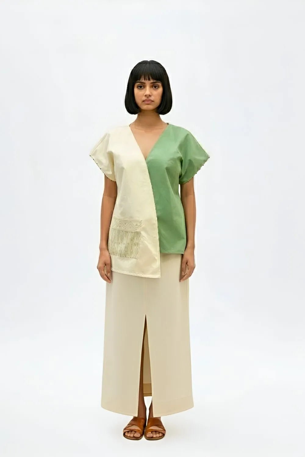 Ivory and Green Colorblocked Cape Top Maxi Skirt Co-ord Set
