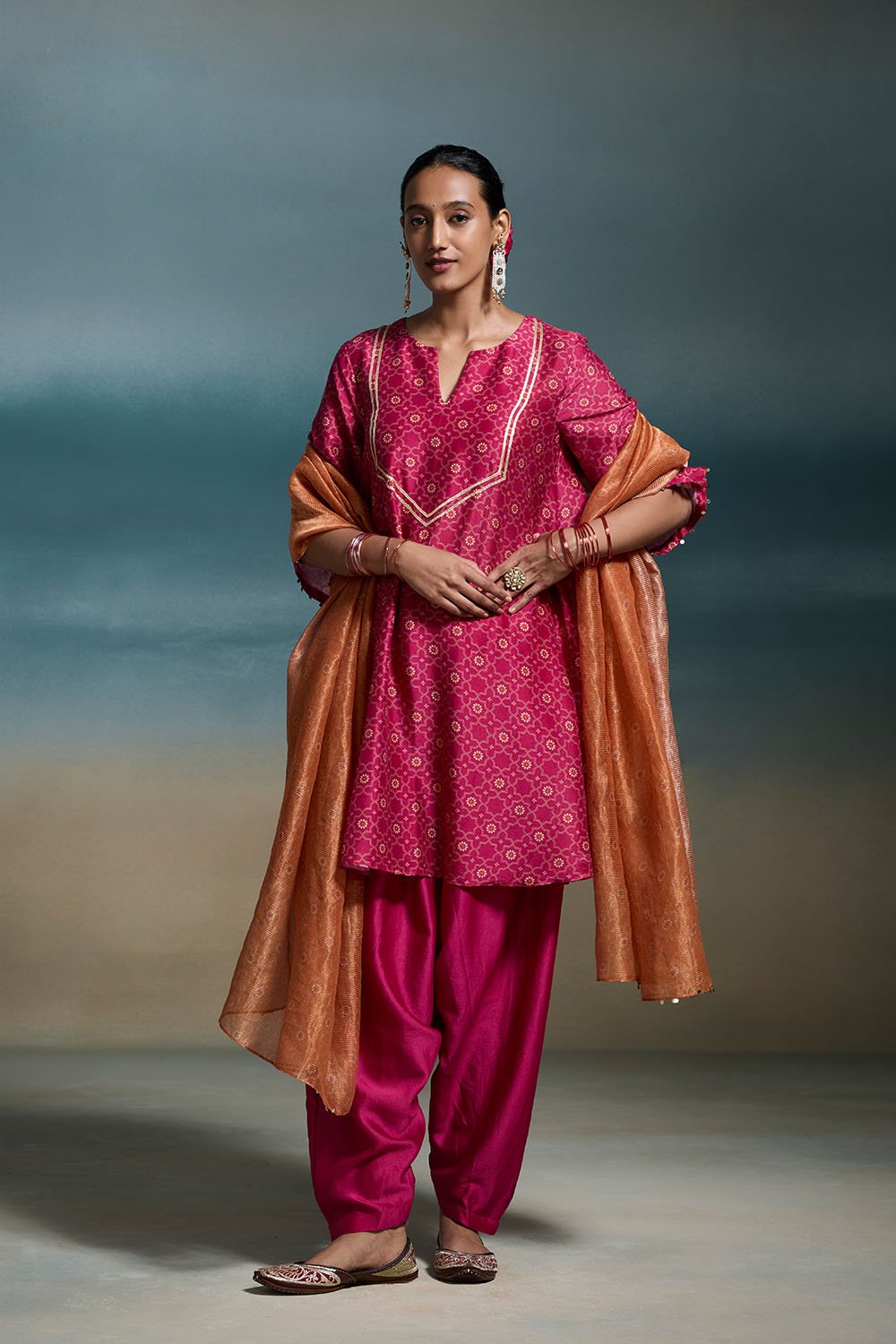 Rani Pink Printed Flared Kurta Set with Pants