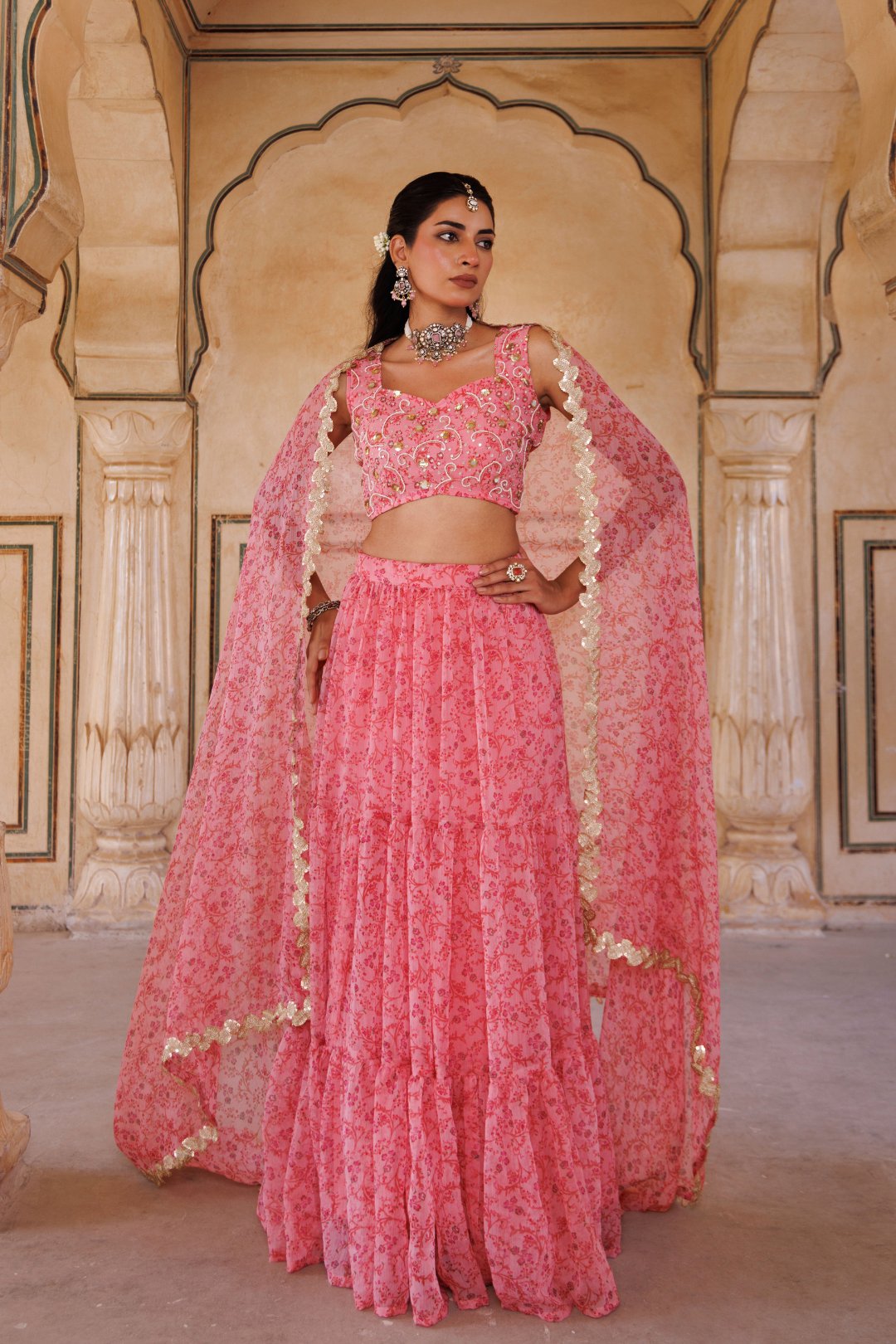 Pink Printed Chiffon Lehenga Set