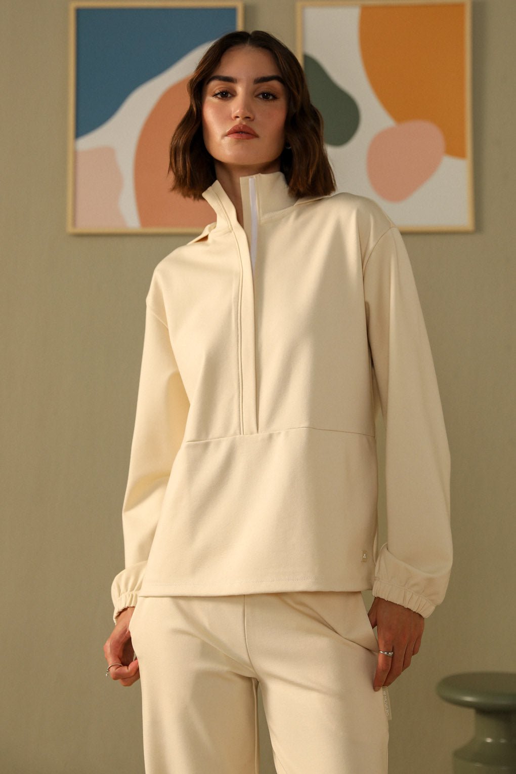 Cocream Zip-Neck Hoodie Co-ord Set with Straight Pants