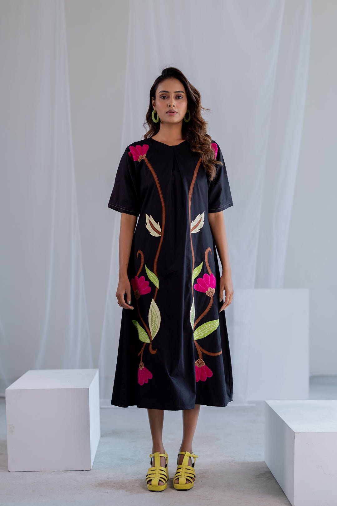Black Cotton Poplin Midi Dress with Floral Appliqué