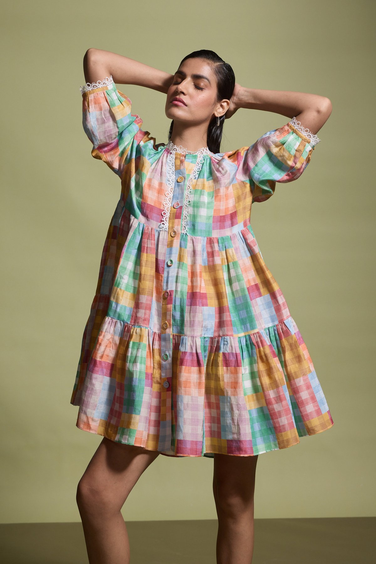 Multicolour Check Tiered Dress with Lace Trim
