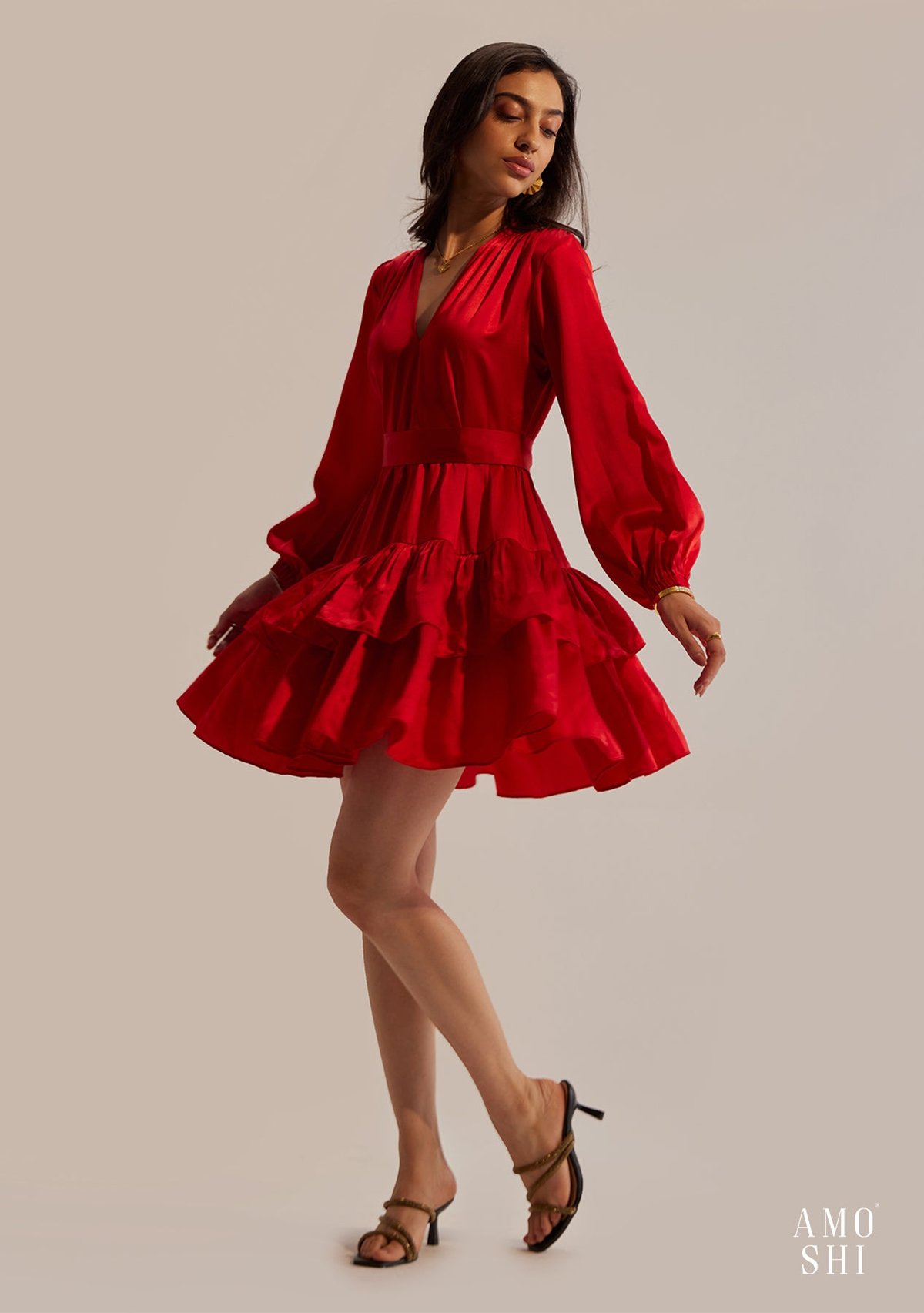 Red Satin V-Neck Tiered Mini Dress with Detachable Belt