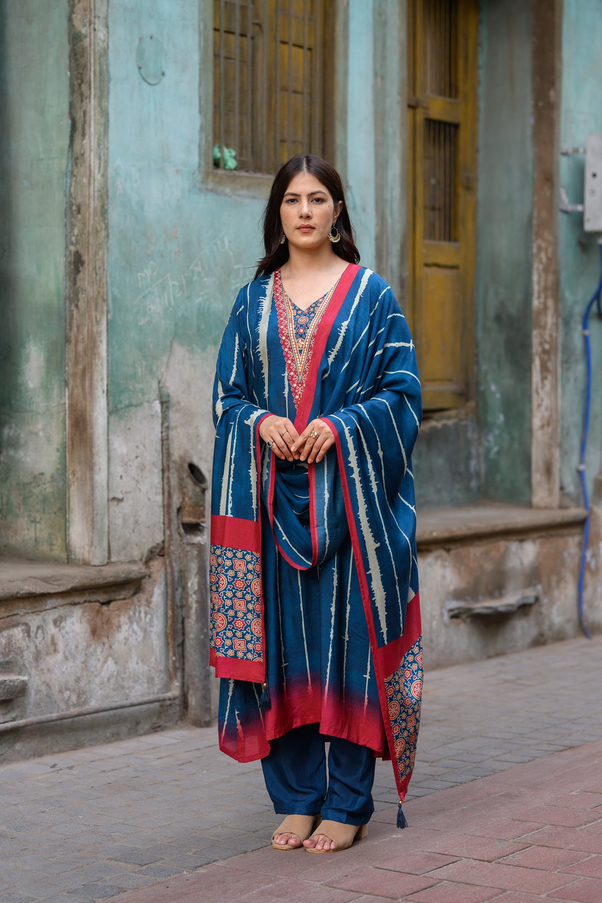 Blue and Red Stripes with Ajrakh Print Muslin Suit Set with Adda Gota Work-SET OF-3