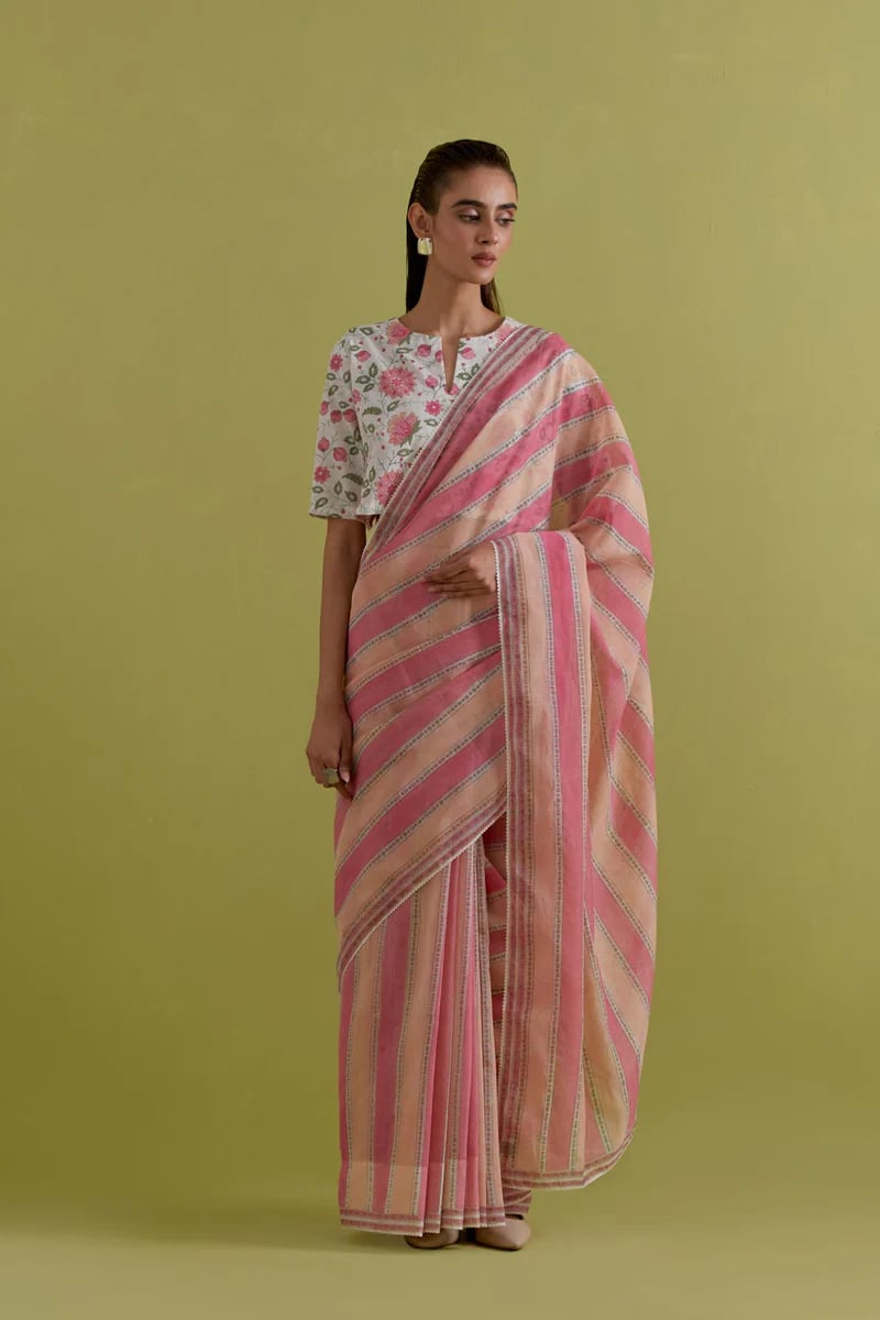 Peach Pink Cotton Chanderi Saree Highlighted