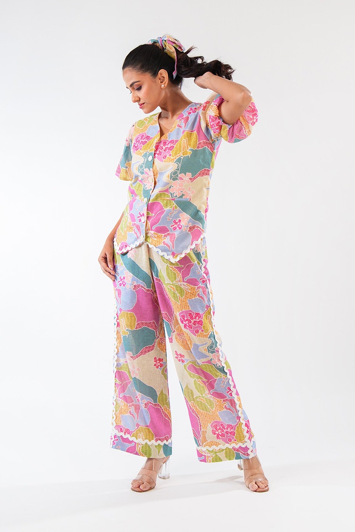 Pink Printed Linen Co-ord Set with Puff Sleeves