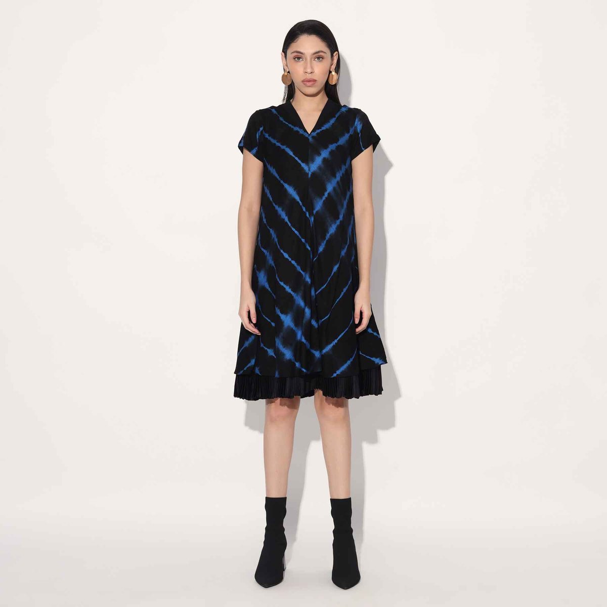 Black/Blue Shibori Tie-Dye A-Line Knee-Length Dress