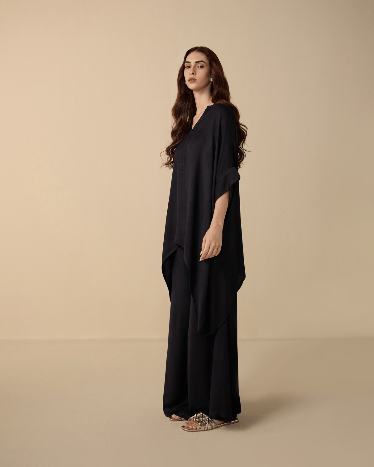 Black Kaftan Top and Wide-Leg Pants Co-ord Set